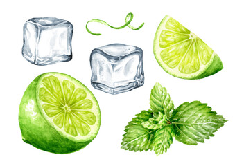 Fresh citrus Lime, mint and Ice cubes set. Hand drawn watercolor illustration isolated on white background