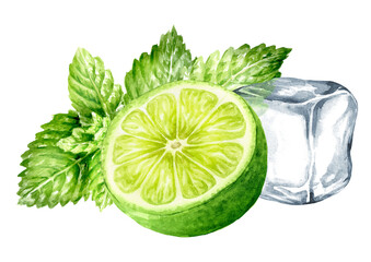 Fresh citrus Lime, mint and Ice cube, crystal ice block. Hand painted watercolor illustration isolated on white background