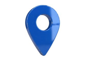extreme close-up of a dominant, ultra-glossy electric blue gps location pin icon showing fine distress, isolated on a transparent background. concept of persistent digital navigation and wear over