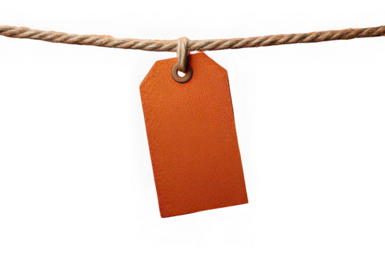 Orange paper tag hanging from rope, isolated on transparent background, with textured surface and blank space for text, suitable for price label or gift tag concepts - Powered by Adobe