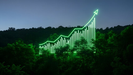 Green glowing graph showing business growth in forest at dusk