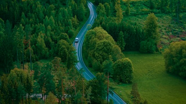 Van driving on wet road curving through dense forest. White minivan moving along slick winding route under cloudy weather. Vehicle traveling on serpentine highway between trees and green meadow