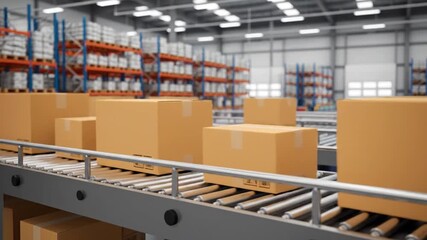 Cardboard boxes on conveyor belt in warehouse - Powered by Adobe