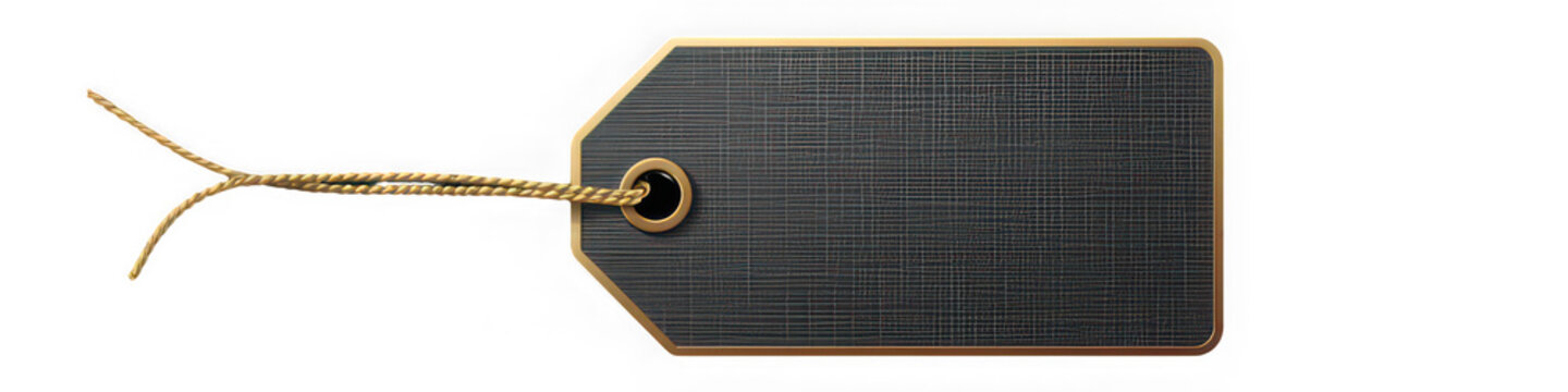 Black label tag with gold border and textured surface, attached with golden string, isolated on transparent background, suitable for price, sale, or gift purposes