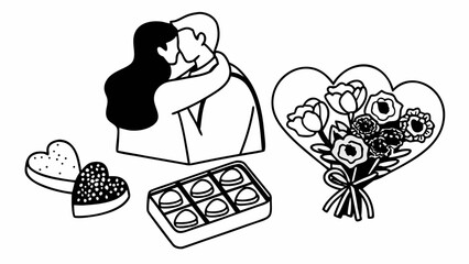 Couple embracing surrounded by hearts, flowers, and chocolates in a romantic illustration