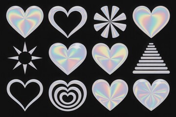 Iridescent hearts and shapes collection on black background for design elements and romantic theme creative concept for valentine day
