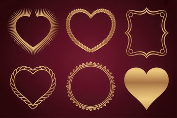 Collection of golden frames and hearts with various designs ideal for valentine's day with red maroon background with gradient effect