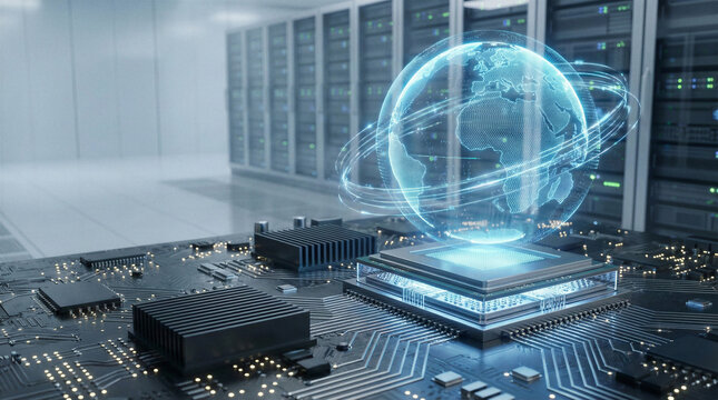 Futuristic computer chip with glowing blue globe on modern circuit board - Powered by Adobe