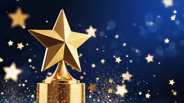 Golden star award trophy with sparkling particles for achievement celebration and success concept