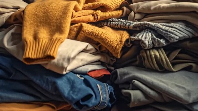 Neatly folded stack of colorful clothes, showcasing various textures and shades, stacked high.