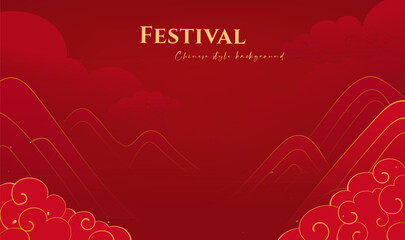Red Chinese style festival banner landscape clouds background