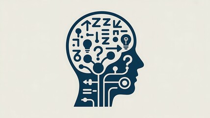 Abstract representation of human head filled with symbols related to thinking and learning
