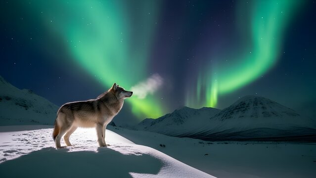 A lone wolf stands on a snowy cliff under vibrant green and pink northern lights, creating a dramatic winter wilderness scene beneath the starry night sky. - Powered by Adobe
