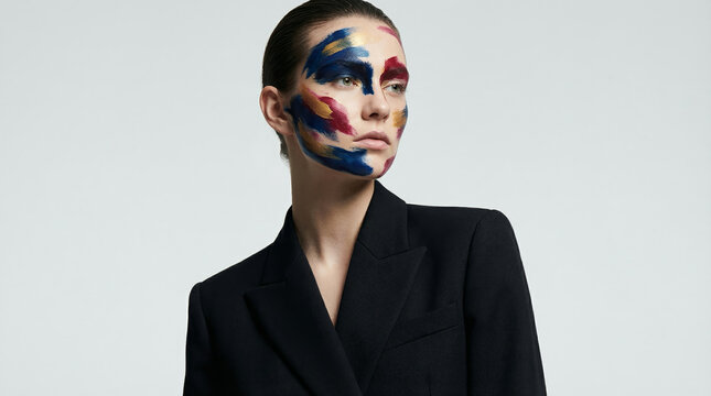Fashion portrait of woman with colorful messy paint smears on face