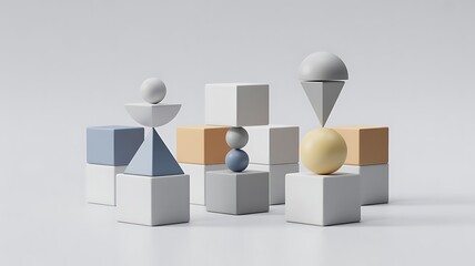 Abstract arrangement of geometric shapes and spheres on a plain background