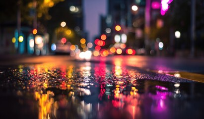 Night city street scene with colorful bokeh lights and water reflection