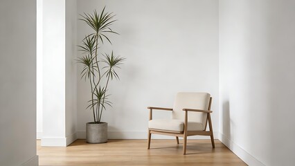 Fototapeta premium pottedplant. A minimalist living room corner features a single armchair and a potted plant in a clean, diffused light setting. lifestyle magazines.
