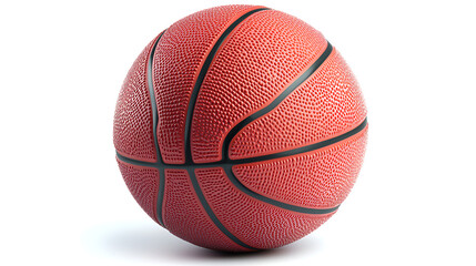 Basketball resting on a white background with visible seams and texture close up shot