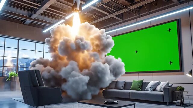 Rocket launches in a modern living room with a green screen display.