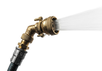 extreme close-up of a vintage brass hose nozzle attached to a wet industrial rubber pipe, powerfully releasing a frozen jet of atomized water and mist, isolated on a stark white background. concept
