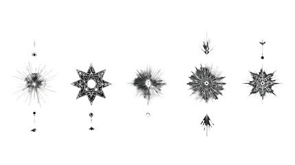 Black starburst shapes on a white background, isolated cosmic element set illustration