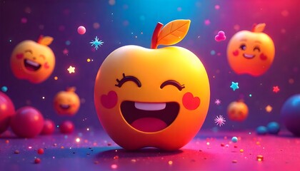 Whimsical Cartoon Apples with Happy Faces in Dreamy Background