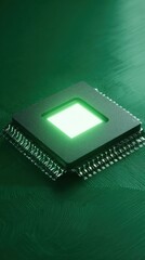 Close up of a glowing green microchip on a textured surface