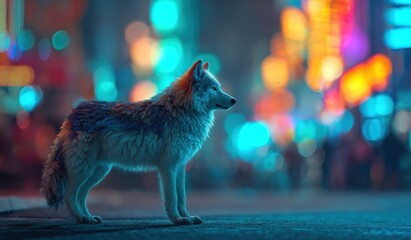 Digitally enhanced wolf standing against illuminated city lights background