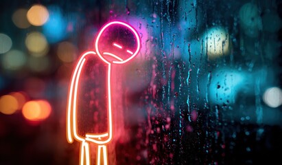 Neon figure displaying sadness against bokeh lights and reflections