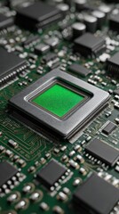 Close up of a circuit board with electronic components and green square