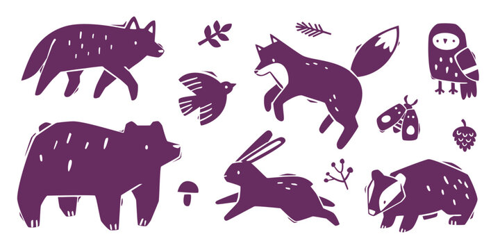 Scandinavian animal stamp set. Folk woodland animals silhouette.