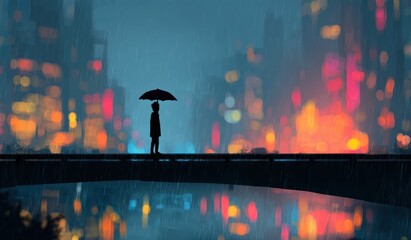 Silhouette of a person with an umbrella on a bridge against city lights