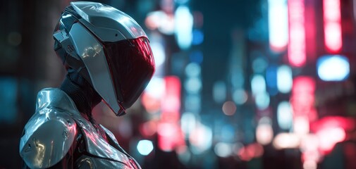 Futuristic humanoid figure in metallic suit against blurred cityscape background