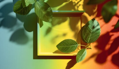 Green leaves and shadow frame on vibrant background copy space