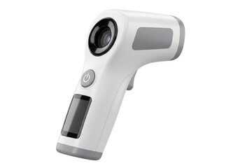 macro close-up of a futuristic, matte white infrared forehead thermometer with soft gray accents and a dark blank screen, dynamically positioned against a transparent background. Concept of rapid