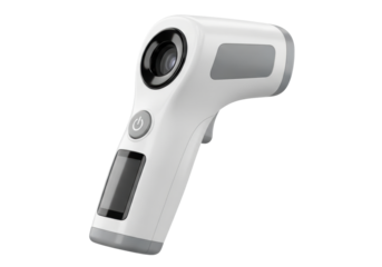 macro close-up of a futuristic, matte white infrared forehead thermometer with soft gray accents and a dark blank screen, dynamically positioned against a transparent background. Concept of rapid