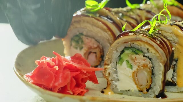 Chef hand puts pickled ginger near sushi roll on plate closeup. Master places gari next to Japanese fish dish in restaurant. Asian cuisine