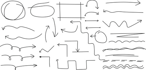 Collection of various hand drawn arrows and shapes isolated on transparent background