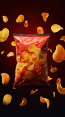 Bag of potato chips with flying snacks and red packaging illustration