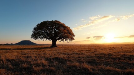 A lone, large tree stands silhouetted against a golden sunset over a dry savanna, a distant mountain visible