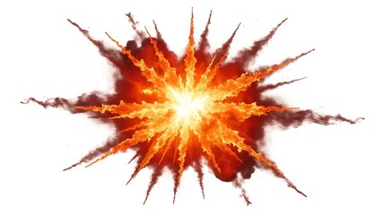 Vivid Burst of Intense Fiery Energy A Dynamic Illustration Capturing a Powerful Explosion with Radiating Flames and Dark Smoke Against a Pure White Background