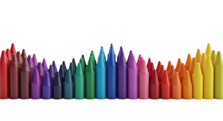 macro product photography of perfectly sharpened, pristine rainbow wax crayons arranged vertically in a sinusoidal wave pattern on a transparent background with copy space. concept of creative