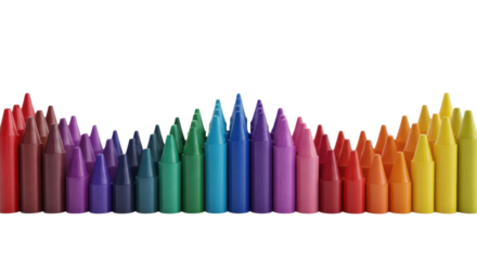 macro product photography of perfectly sharpened, pristine rainbow wax crayons arranged vertically in a sinusoidal wave pattern on a transparent background with copy space. concept of creative