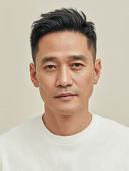 Obraz premium Side profile of a rugged middle-aged Asian man with short hair and stubble wearing a white t-shirt, natural lifestyle concept