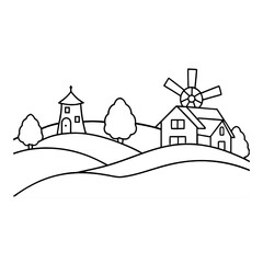 Rural Landscape Line Drawing Featuring Windmill, Church, Farmhouse, Trees, Hills, and Peaceful Countryside Scene