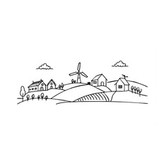 Rural Landscape Line Drawing Featuring Windmill, Houses, Trees, Hills, Clouds, and Agricultural Fields in Monochrome