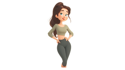 Cartoon woman character in olive shirt and charcoal leggings, standing cutout, isolated
