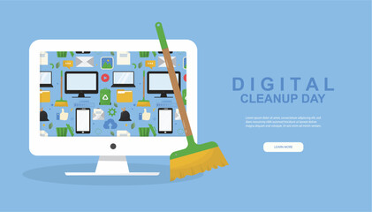 broom sweeping a computer screen filled with icons like files, emails, and apps for Digital Cleanup Day, ideal for landing pages and awareness campaigns. Cleanup data concept. Vector illustration