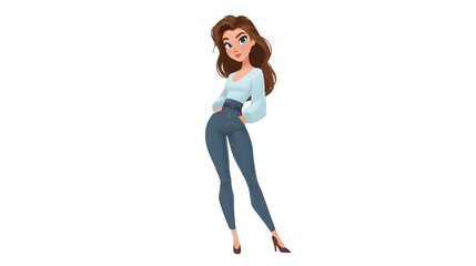 Full body cartoon woman illustration posing in blue jeans and heels Isolated