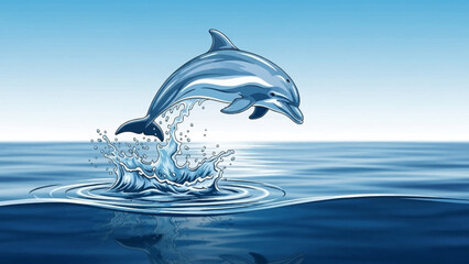 Ocean Acrobat: A sleek dolphin leaps with dynamic grace from the ocean, creating a splash of glistening water against a tranquil sea.